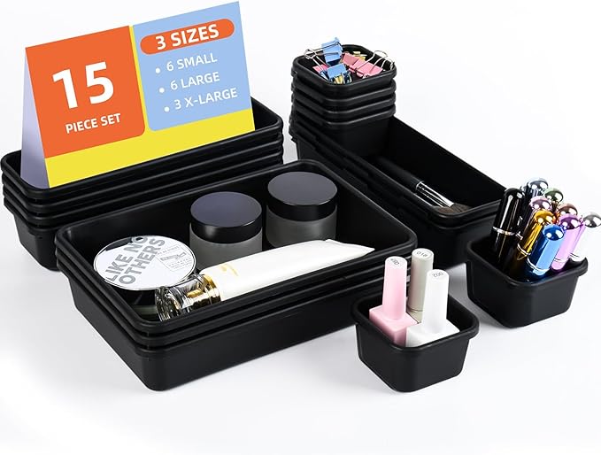 15 Piece Drawer Organizer Set, 3 Size Interlocking Plastic Storage Bins for Office Supplies, Jewelry Makeup Vanity, Bathroom Kitchen, Home Organization Closet, Gadgets Small Items, Black