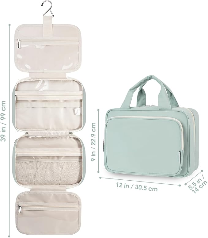Narwey Travel Toiletry Bag for Women Large Hanging Makeup Bag Organizer Toiletries Bag for Full Size Essentials Accessories Cosmetics (Mint Green (Large))