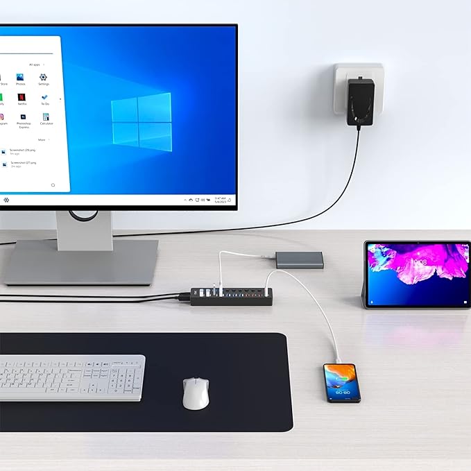 JESWO 11-Port USB 3.0 Splitter (7 Data Transfer Ports + 4 Smart Charging Ports), Powered USB Hub with Individual LED On/Off Switches and 12V/3A Power Adapter