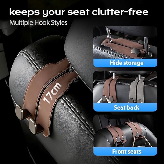 Car Purse Hook, Leather Headrest Hooks for Car, Heavy Duty Car Hooks, Universal Purse Holder for Car Seat, Vehicle Organizer Hanger for Handbag Grocery Bag Backpack Coat (Grey-2sets)