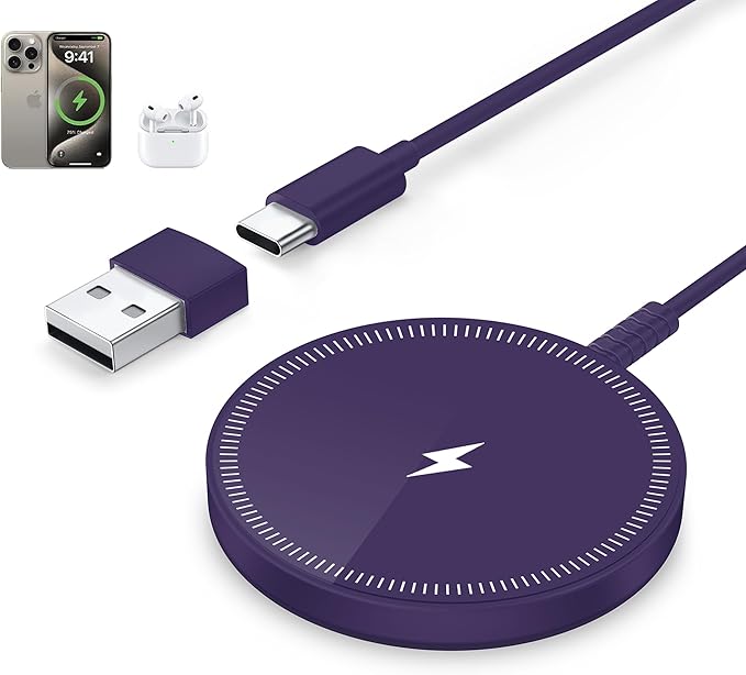 Bohuma Magnetic Wireless Charger for iPhone – 15W Fast Charging Pad with Dual Ports - Compatible with iPhone 12-17 & AirPods 4 3 2 Pro – Purple Sleek Aluminum Alloy Design for Home, Office & Travel