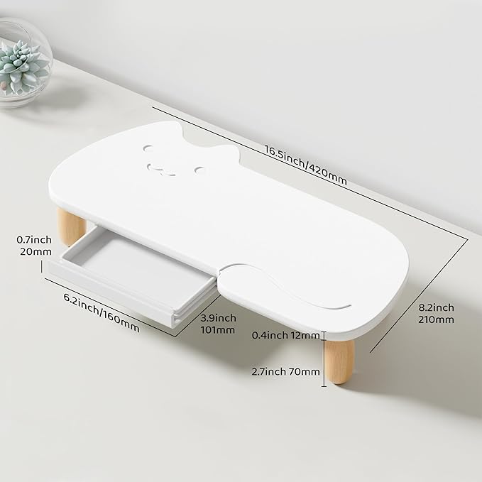 AFOOYO Monitor Stand Riser,Cat-Shaped Sturdy Wood Computer Monitor Stand, Monitor Stand Riser, Multi-Purpose Desktop Organizer Riser for Computer,Laptop,Printer,TV,White