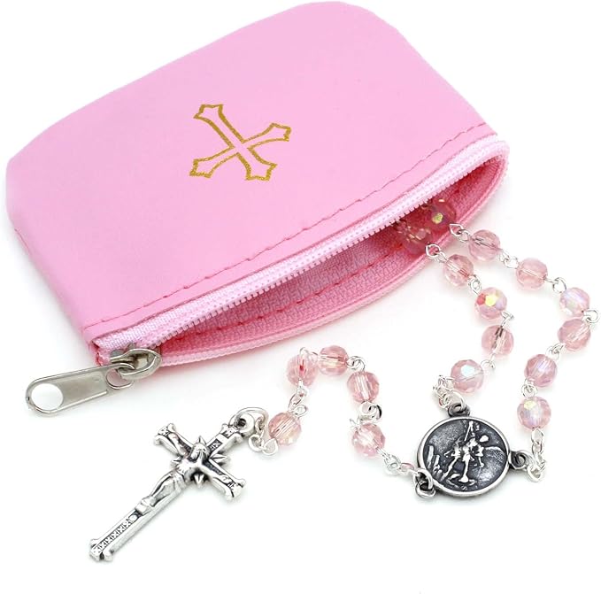 Pink Rosary Pouch with Zipper & Gold St. Thomas Cross Imprint | Compact Leatherette Rosary Case for Small to Medium Rosaries | Protective Travel Rosary Holder for Men & Women