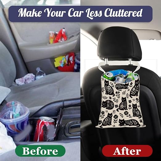 Bohemian Cat Car Trash Bag Floral Leaves Hanging Garbage Bag with Snap Buttons Car Back Seat Trash Storage Portable Dustbin Vehicle Trash Can Bag for Vehicle Accessories Travel Camping