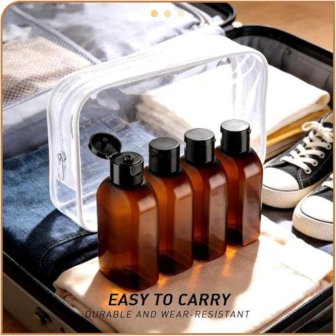 4Pcs 3.4oz/100ml Travel Kit Leak Proof Travel Bottles Toiletries Includes Refillable Squeeze Bottles with Flip Cap Storage Bags and Stickers for Shampoo Conditioner Creams (Brown)