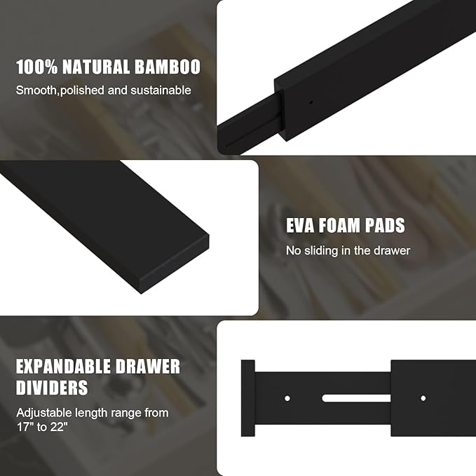 Bamboo Drawer Dividers,17-22" Adjustable Kitchen Drawer Organizer for Clothes,4 Pack Expandable Drawer Organization Separators for Bedroom,Bathroom,Dresser and Office,Black