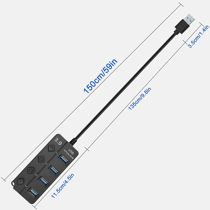 5FT 4-Port USB3.0 Expander Hub, USB 3.0 Fast Data Hub with Individual LED Power On/Off Switches, Portable USB Port Extender for PC, USB Flash Drives and More