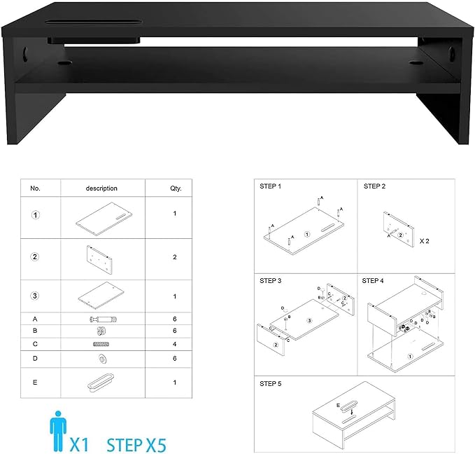 BONTEC Wood Monitor Stand Riser, 2-Tier Desktop Organizer with Storage, Ergonomic Computer Stand for Desk, Cable Management, Cellphone Holder, 21.3 Inch Shelf, Black