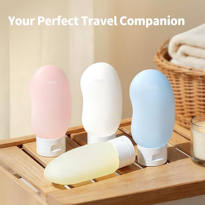 Travel Bottles 4 Pack – 2oz TSA Approved Travel Size Containers, Kidney-Shaped Ergonomic Design with Leak-Proof, Refillable Shampoo & Conditioner Bottles for Cruise & Airplane Travel