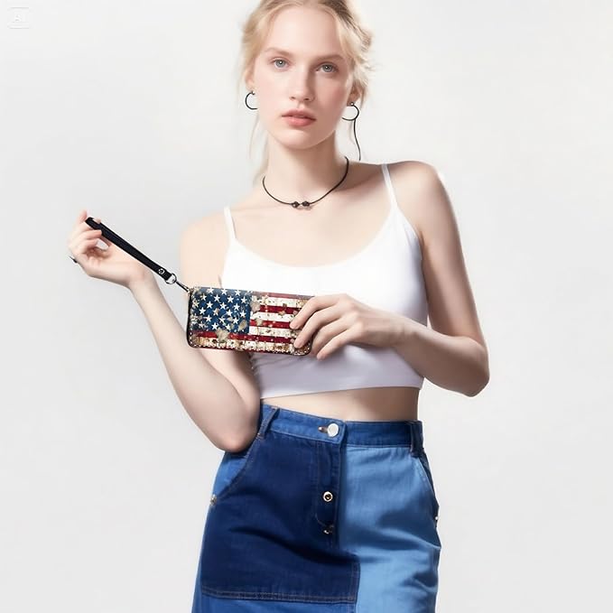 RFID-Blocking Zip Around Wallets for Women with Detachable Wrist Strap,Large Capacity Phone Holder with Card Organizer & Coin Pocket,Rustic American Flag