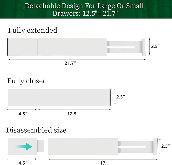 4 Pack Bamboo Drawer Dividers Organizer with Inserts 2.6'' High, Expandable from 12.5-21.7", Adjustable Drawer Organizer Separators for Utensils, Clothing, Office, Dresser, Bedroom, (White)