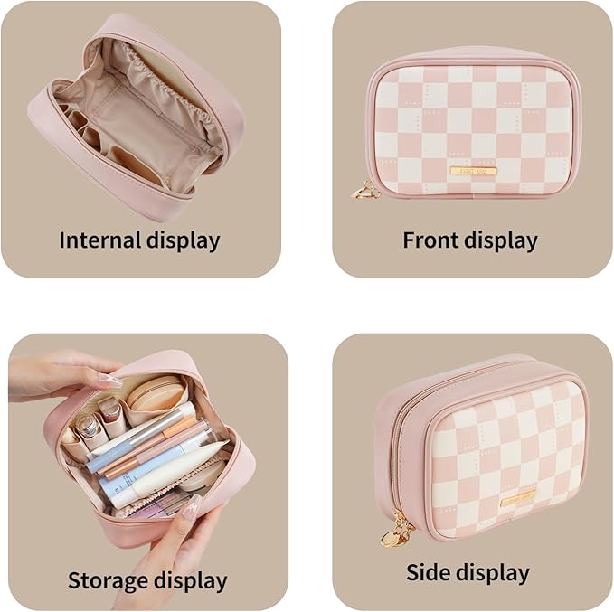 RIGHT AWAY Checkered Makeup Bag for Purse,Small Cosmetic Bag Organizer for Women, Travel Make Up Pouch Waterproof Toiletry Bag Cute Makeup Case for Travel Accessories(Pink Checkerboard)