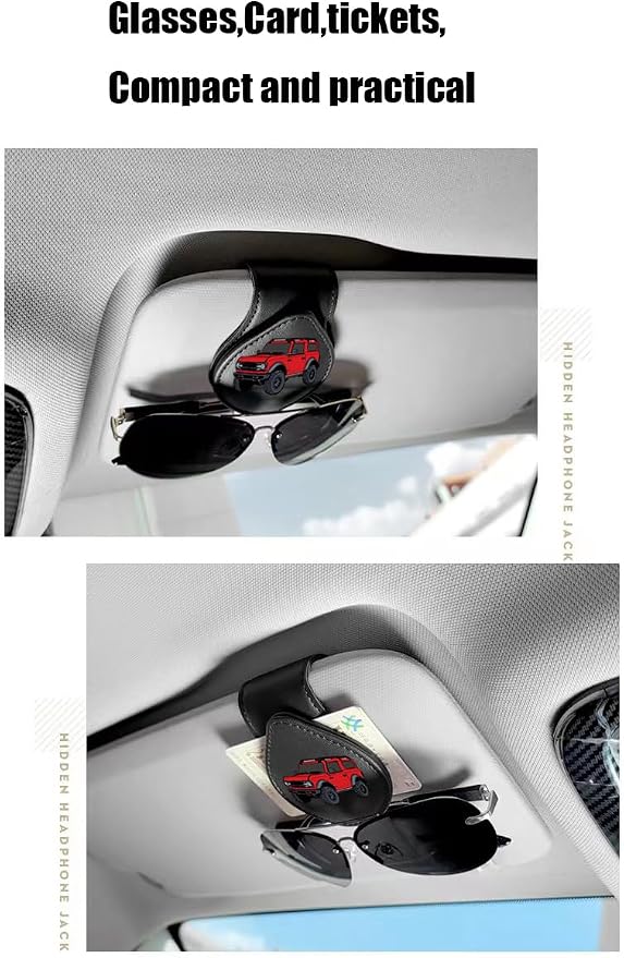 Sunglasses Holder for Car, Leather Glasses Frame, Eyeglass Hanger Card Clip for Car Sun Visor,Sunglasses Holder Compatible with Bronco (Red)