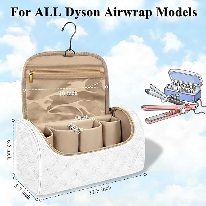 Mancro Padded Travel Case Compatible with Dyson Airwrap Complete Styler and Attachments, Portable Storage Bag with Metal Hanging Hook for Airwrap All Models, Long Barrel, White