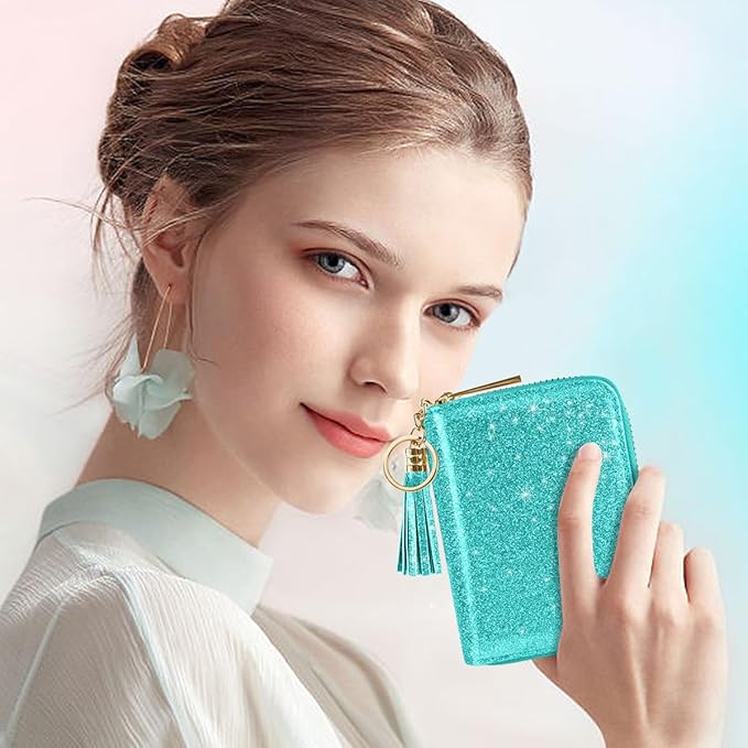 Coco Rossi Women's Small Credit Card Wallet RFID Cute Card Holder for Women with Tassel, Blue Green Glitter