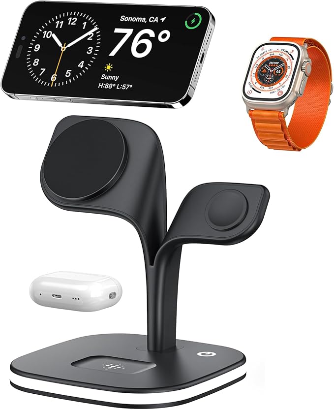 EXW Wireless Charging Station for Magsafe Charger,Charging Station for Multiple Devices,Wireless Charger for iPhone 17 Air 16 15 14 13 12,Apple Watch,AirPods with LED(Black)