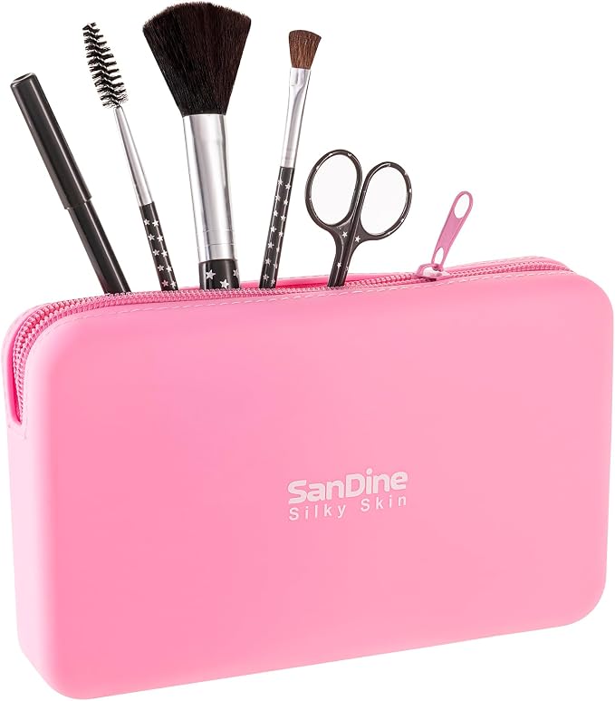 Silicone Makeup Bag for Women – Waterproof Silicone Cosmetic Pouch & Makeup Brush Holder – Easy‑Clean Travel Toiletry Organizer with Zipper – Soft Durable Silicone Case by Sandine (Pink)