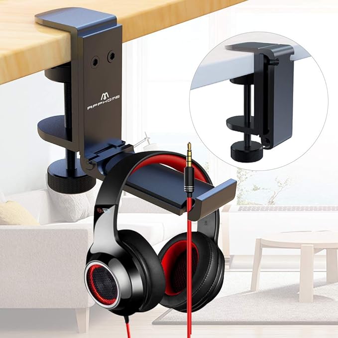 2Pack Upgrade Foldable Headphone Stand Under Desk PC Gaming Headset Hanger Holder Hook Clamp with Built in Cable Clip Organizer Space Save Mount Fold Upward Not in Use, Universal Fit, Black