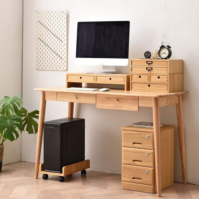 KIRIGEN Wood Monitor Stand with 2 Drawers, Solid Wood Computer Monitor Riser for Desk, Desktop Organizer Shelf with Cable Management, Pen Slots, Natural, No Assembly PMJ-NA