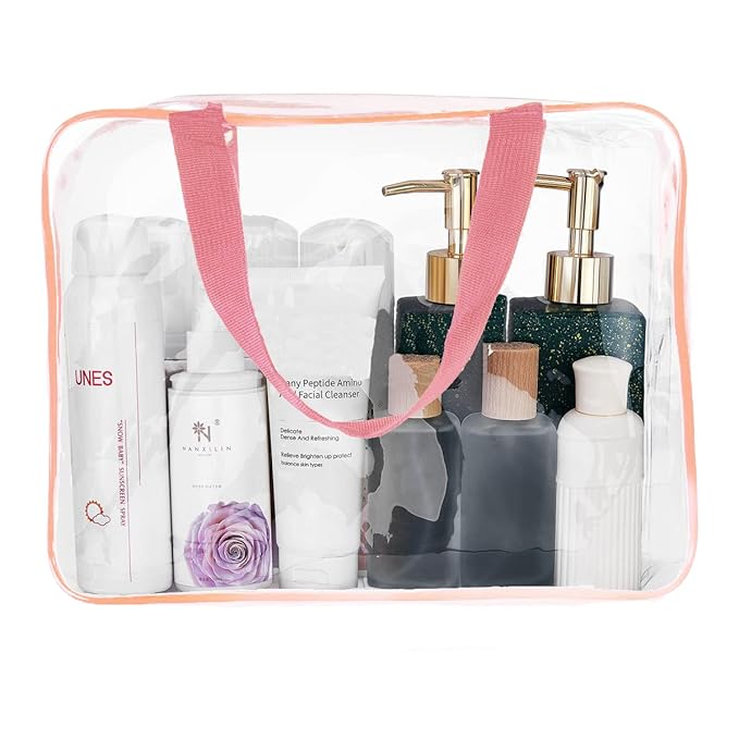 4Pcs Crystal Clear PVC Travel Toiletry Bag Kit for Women Men, Waterproof Vinyl Packing Organizer Storage Bags with Zipper Handle Straps, Cosmetic Pouch Carry on Airport Airline Compliant Bag Handbag