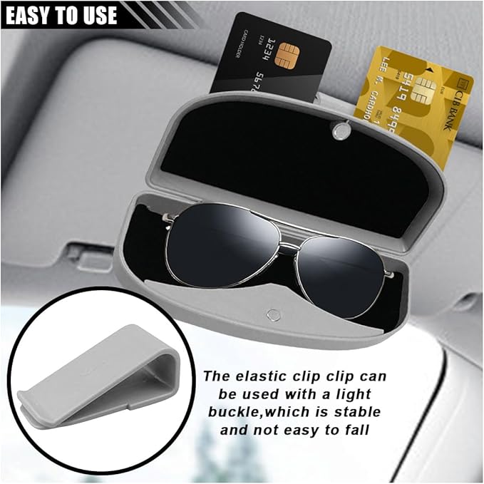KITUREK Car Sun Visor Sunglasses Case, Glasses Storage Protective Box, Eyewear Hard Shell Eyeglasses Organizer, Magnetic Closure&Double Card Clamp (Grey)