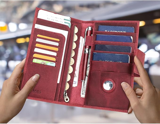 CONTACTS Full Grain Leather RFID Blocking Family Passport Holder for 4 Passport Wallet Compatible with Airtag Travel Passport Cover with 4 Passport Slot, 6 Card Slot (Red)