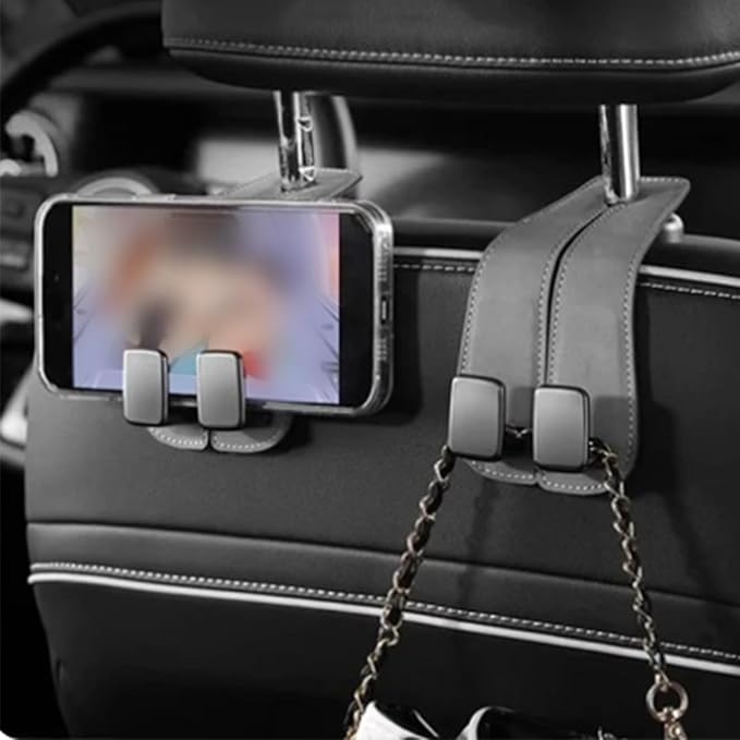 2 Pack Car Headrest Hooks - Premium Leather Seat Holder for Purses and Bags (Grey)