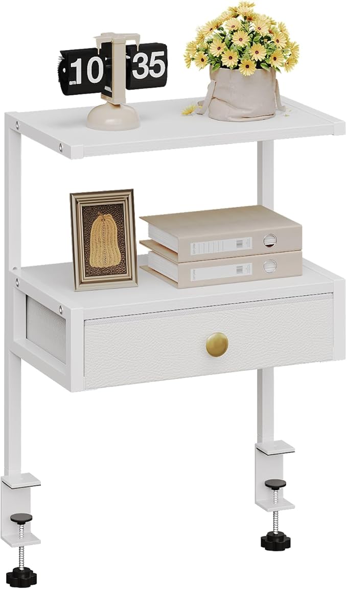 VENNQD Clamp On Desk Shelf, 2-Tier Desktop Organizer, Wood Desktop Supplies Tabletop Book Storage Rack with Adjustable Shelves for Table Working and Gaming Accessories, White