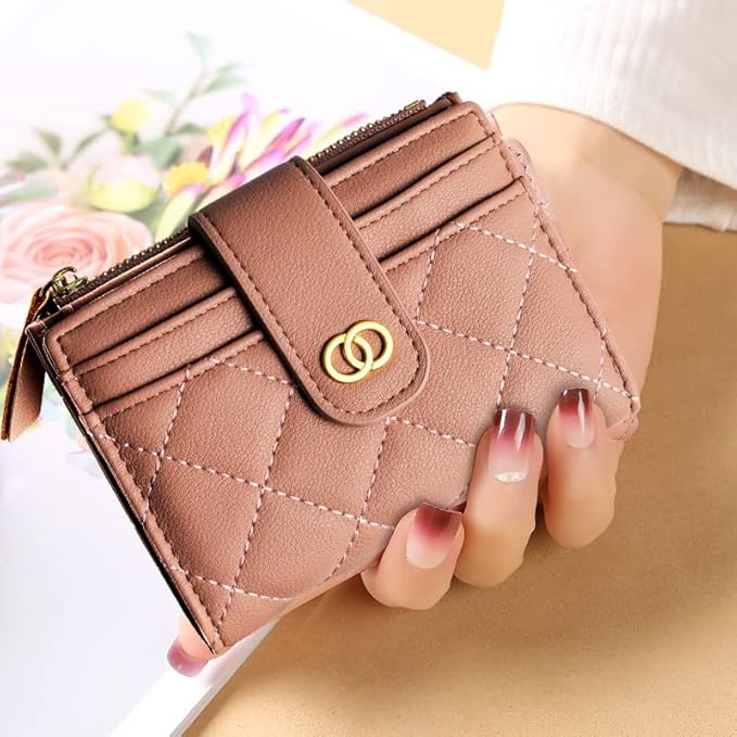 Avando Small Wallet For Women- Credit Card Holder Wallet For Women Girls- Zipper Small Bifold Wallet Mini Coin Purse With ID Window (Rose)