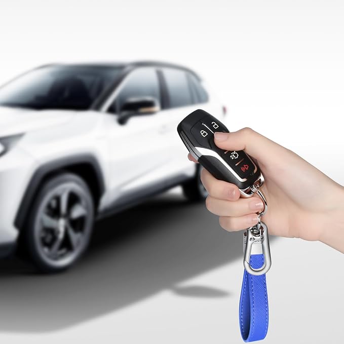 QBUC Genuine Leather Car Keychain,Universal Heavy Duty Metal Key Chain Accessories,Car Fob Key Keychain Holder with 360 Degree Rotatable Snap Swivel and Anti-Lost D-Ring for Men Women(Dark Blue)