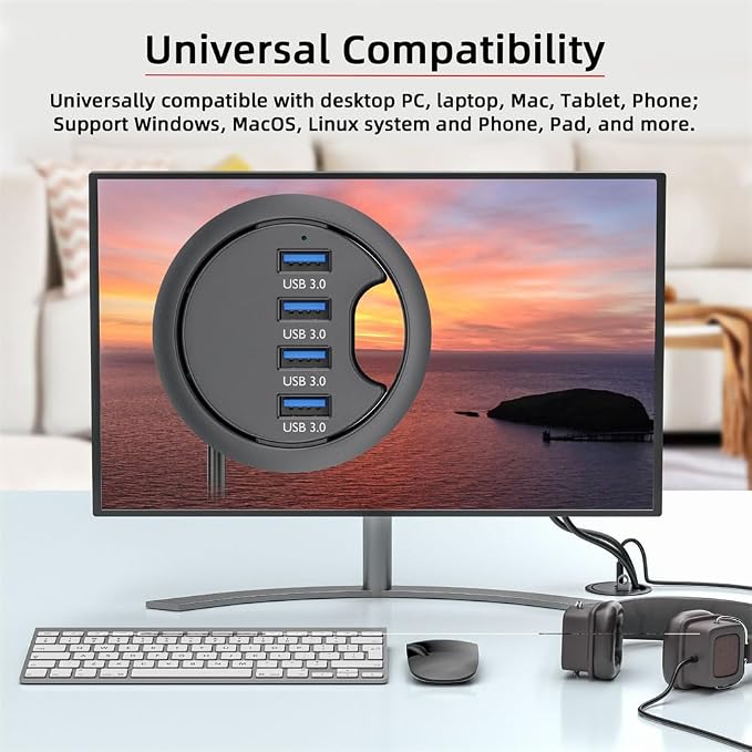 USB 3.0 Hub 4 Port USB 60mm Desk Grommet Splitter Dock Station Interface for Desktop PC Desk