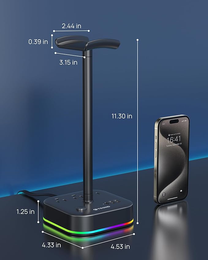 TROND Headphone Stand with USB C, Desk Gaming Headset Holder with 3 AC Outlets, 2 USB-A and 1 USB-C, Headset Stand with 5 RGB Light Modes, for Gaming Desk Accessories Gamer Boyfriend Gifts
