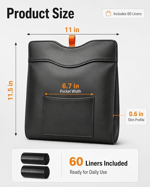 Leather Car Trash Can, Leakproof Car Garbage Can Storage Pocket, Magnetic Liner-Hold, Waterproof Faux Leather Car Trash Bin with Metal Hooks, Odor-Lock Hanging Car Trash Bin for SUV, Sedan, Truck