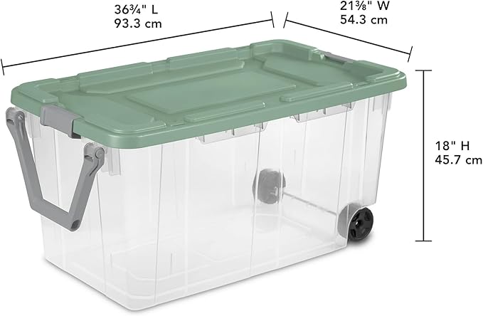 160 Quart Wheeled Stacker Tote, Extra Large Durable Clear Bin, Latch Lid and Pull Handle, 2 Count (Clear/Green)