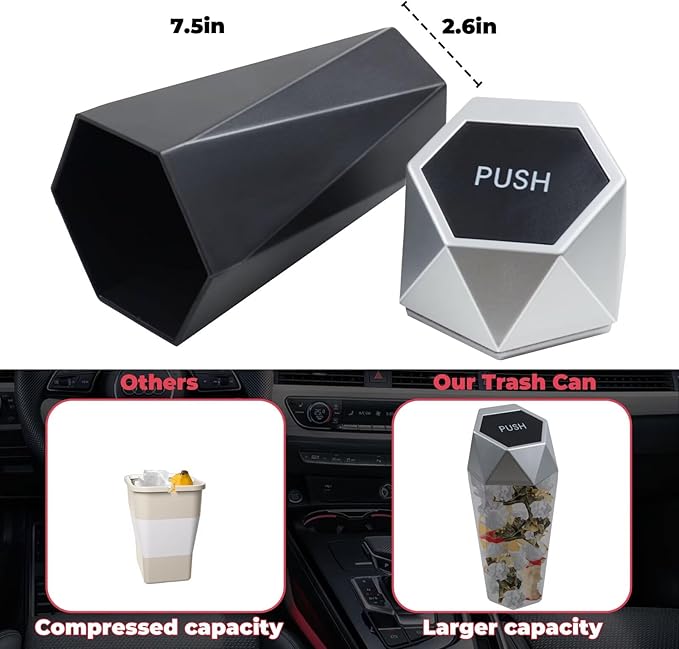 BFXM Car Trash Can, Car Trash Bin with Lid, Car Accessories for Women Interior, Car Garbage Can with Additional 2 ABS Hooks and 60pcs Trash Bags, Suitable for Home, Office, Car Organizer, Black
