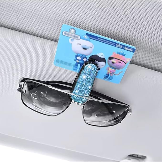 Turcee Set of 2 Bling Rhinestone Car Sun Visor Glasses Holders with Anti-Scratch Sponge,Car Decoration for Women Girls,Ticket Card Clip Visor Organizer (Lake Blue)