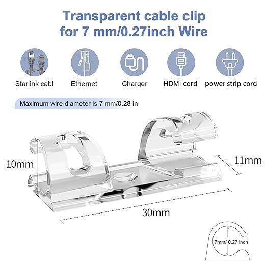 Adhesive Cable Wire Clips Clear (40 PCS) with Screw Holes - Strong Sticky or Screw-Mountable Cord Holders for Wall, Under Desk, Car, PC & Ethernet Cords, Indoor/Outdoor Christmas Lights Organizer