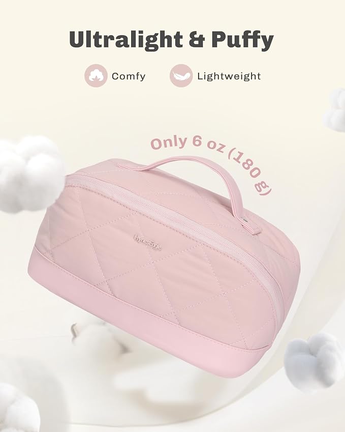 Hynes Eagle Travel Makeup Bag for Women Puffy Cosmetic Organizer Pouch Open Flat Toiletry Bag for Toiletries Brushes Structured Base Light Pink