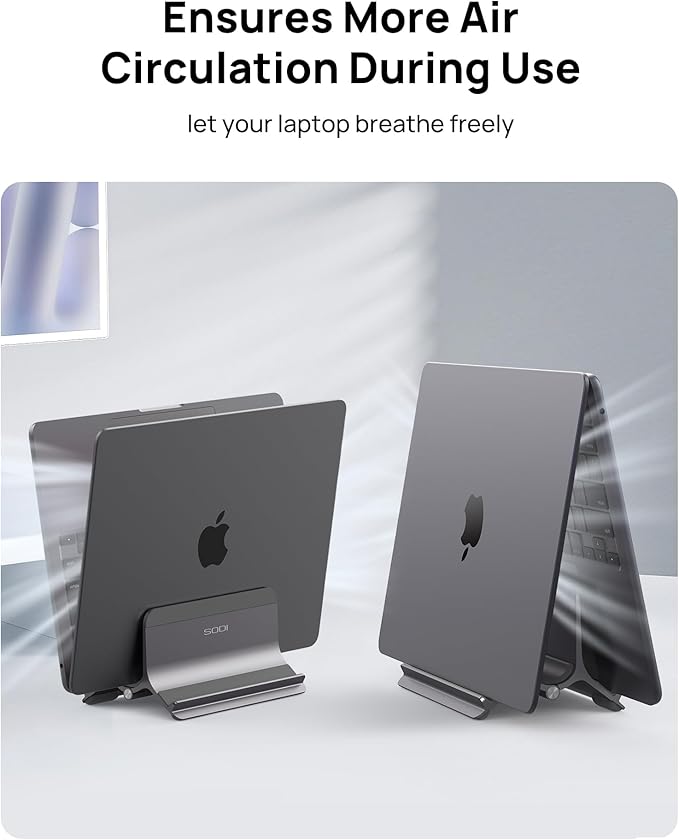 SODI Vertical Laptop Stand for Desk, Aluminum Laptop Holder Compatible with MacBook Pro, MacBook Air Stand Up to 17 inch, Gravity Auto-Lock Cooling, 3in1 Space Saving Desk Organizer Accessories, Gray