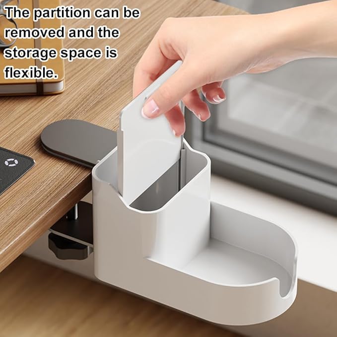 Clamp On Desktop Shelf Organizer - Under Desk Storage Tray with Cup Holder, No Drill Installation, Adjustable Shelf for Phone, Pen & Office Supplies