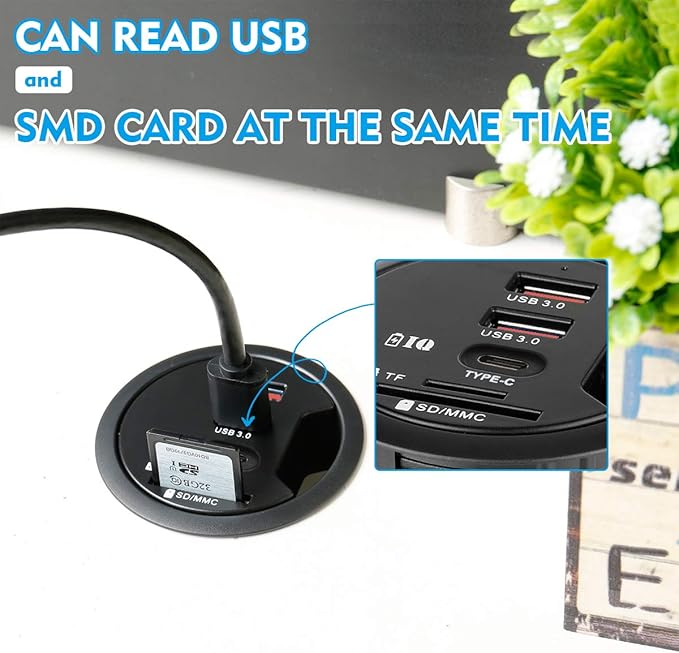 Grommet Desk-Fit USB 3.0 Hub (Diameter 2.36" or 60MM) 2 Port Type-A and 1 Port Type-C with SD/TF Card Reader,Compatible Charging and Data Transmission,