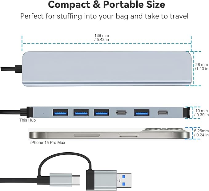 USB C Hub USB Hub Aluminum 7 in 1 USBC Dock with USB3.0 & USB2.0 Ports Extender Multiport Adapter for PC/Laptops/MacBook Pro/Air/iMac/iPad and More Devices
