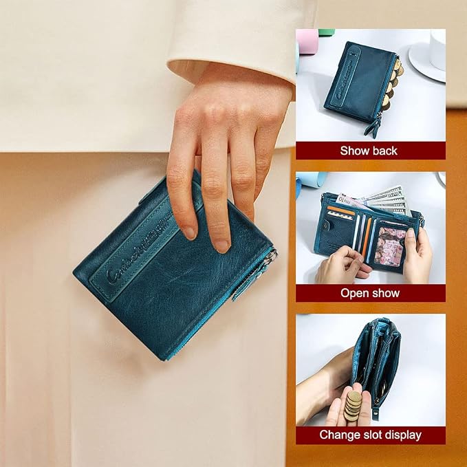 CONTACTS Womens Bifold Wallet Leather Small Zipper Coin Purse for Women Fashion Card Holder with ID Window (Peacock Blue)
