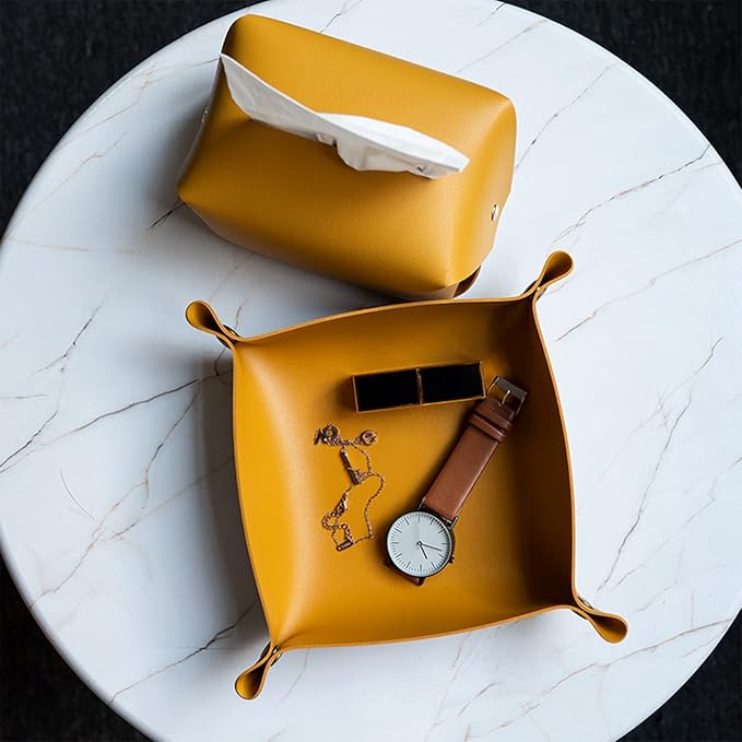 Valet Tray, Leather Tray, Small Catchall Tray, Foldable Jewelry Travel Organizer, Suitable for Travel, Storage, Nightstand, Home or Office (Yellow-S)