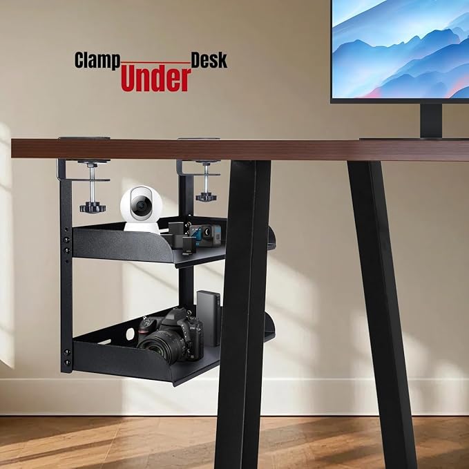 CanKing Clamp Desk Shelf 2 Layer Clip On or Under Table Organizer, Black, 15 inch