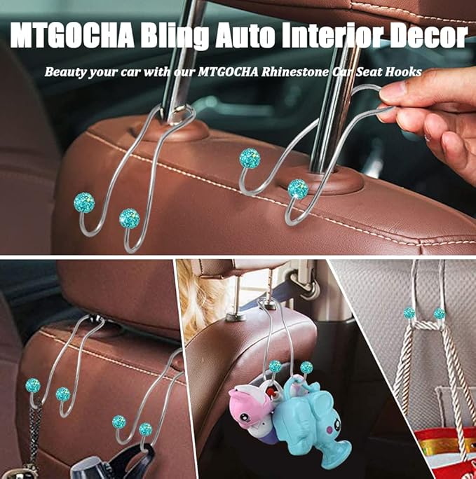 MTGOCHA Bling Purse Hook for Car Headrest, Upgraded Cute Car Seat Hooks for Bag Handbag, Durable Stainless Auto Purse Hanger Holder 2 Pack, Lake Blue