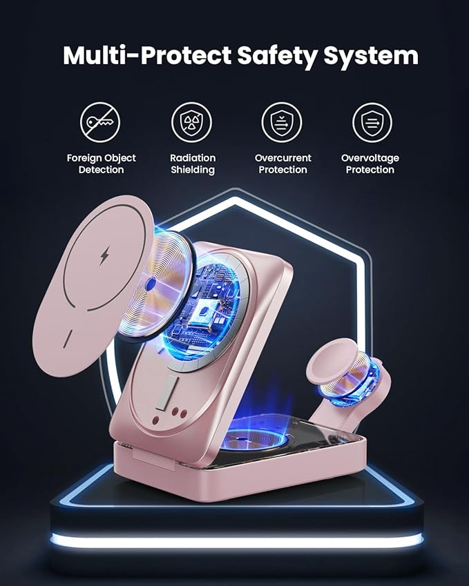 3 in 1 Wireless Charger Charging Station for iPhone,Travel Foldable Magnetic 15W Fast Wireless Charger Stand for Mag-Safe with 30W USB C Adapter for iPhone 17/16/15/14/13/12,Apple Watch,AirPods