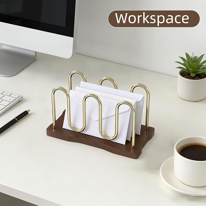 Mail Holder Organizer Countertop, Metal Mail Sorter for Desk, Cutout Mail Storage Bills Organizer Letter Tray Design with Bamboo Base for Home Office (Walnut)