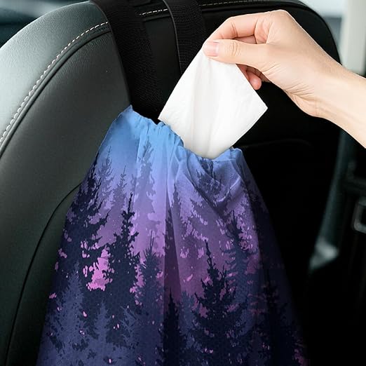 Car Trash Bag Hanging Back of Seat with Adjustable Snap Buckle Strap Cute Printed Drawstring Garbage Bags for Car-Forest Blue Purple