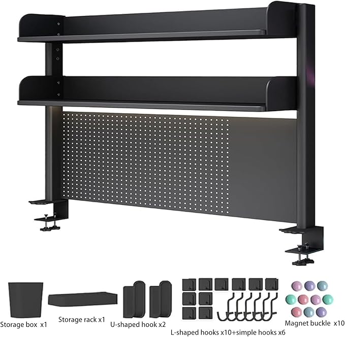 2 Tier Organizer Shelf Clamp On Desk 23 31 39in,Computer Desk Accessories for Office,Pegboard Workstation Desk Extender,Privacy Panel for Gaming Desk Desktop Shelving System(60cm/23.6in)